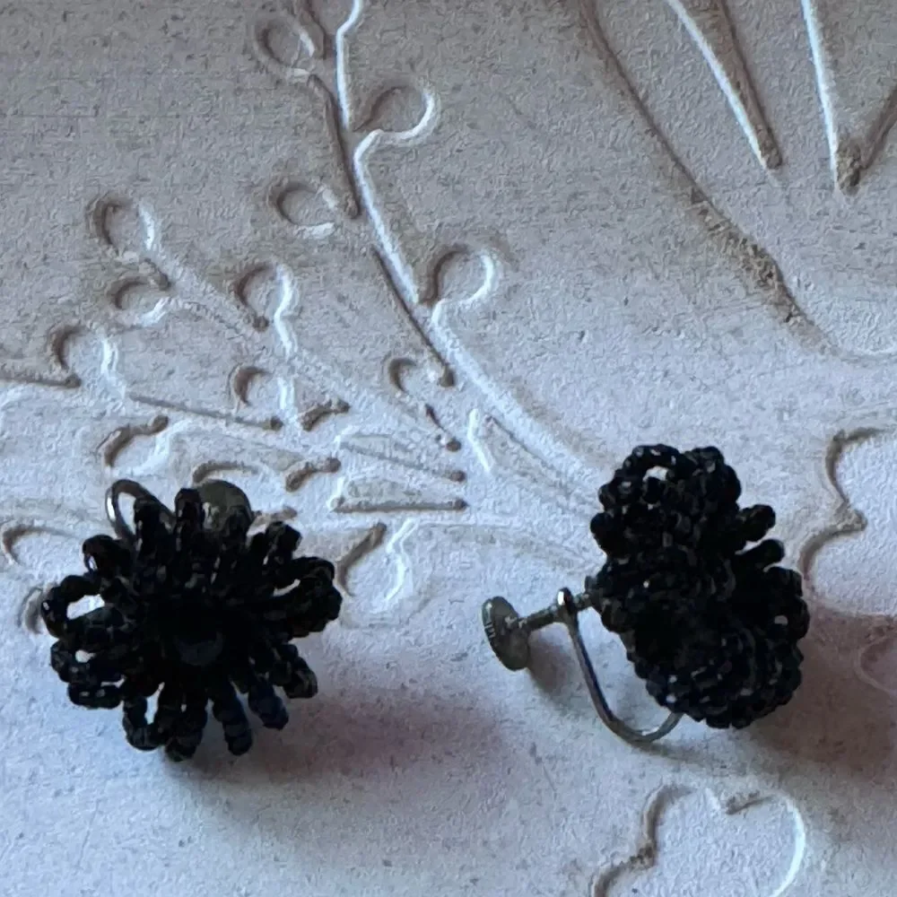 Black beaded vintage screw on earrings